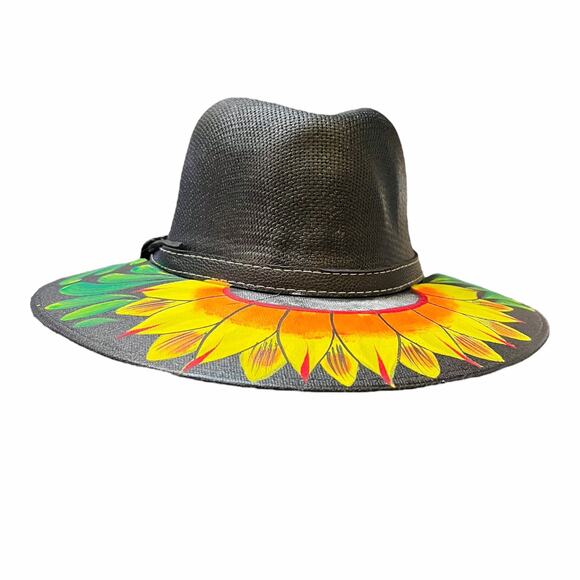 HAT MEXICAN Artisanal Hand Painted Fedora Sunflower Sombrero Panama Bohon Black main image 8